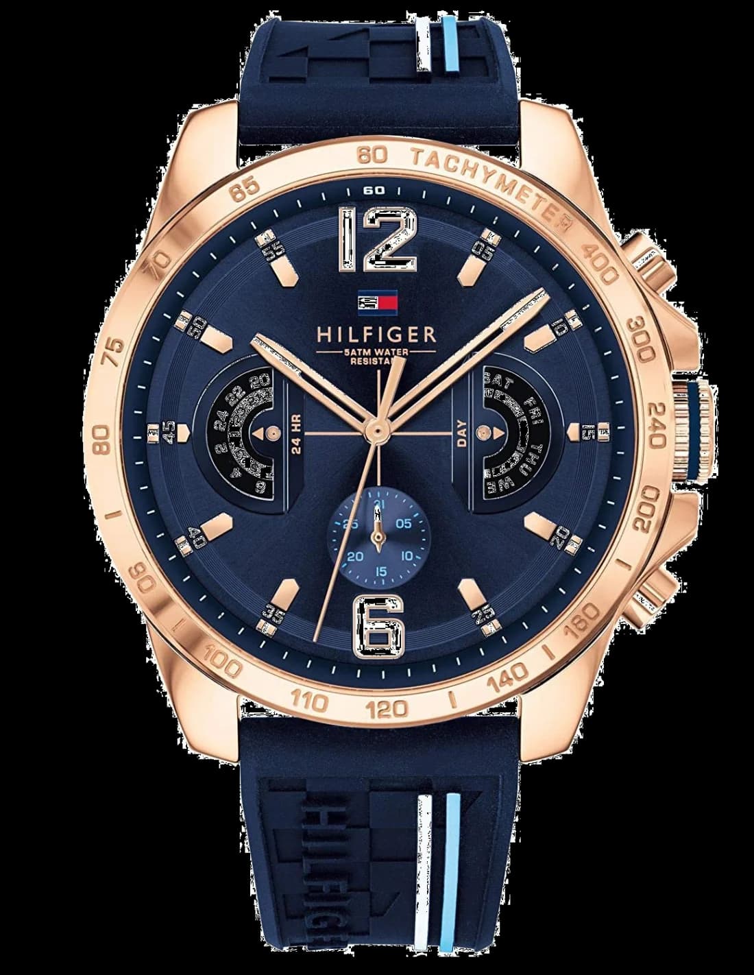 Montre Tommy Hilfiger 1791474 au cadran bleu soleil, boîtier or rose et bracelet silicone bleu, style moderne et élégant