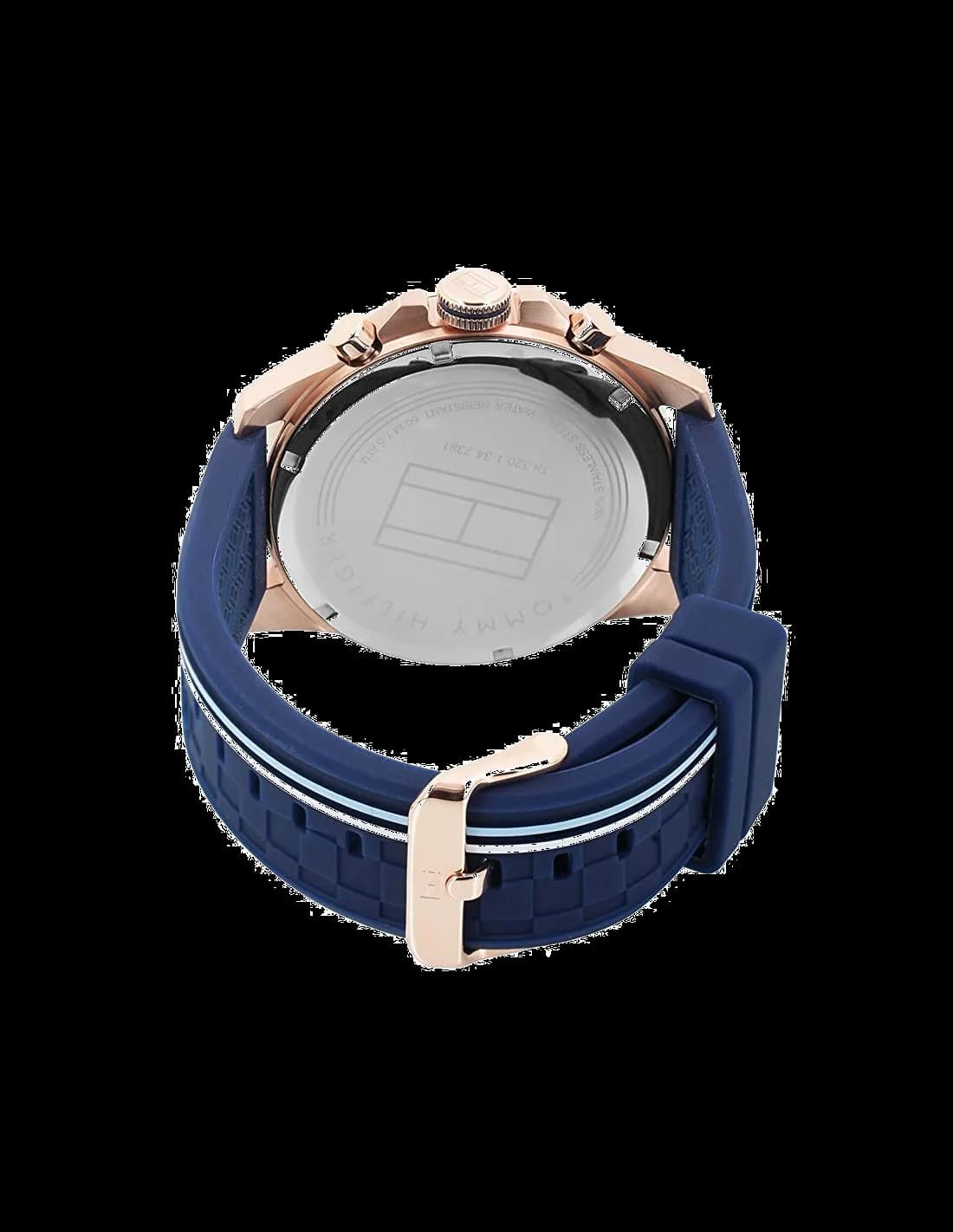 Bracelet Tommy Hilfiger 1791474 en silicone bleu texturé, boucle ardillon or rose, confortable et résistant pour un usage quotidien