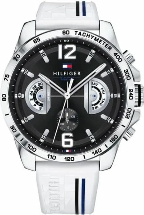 Montre Tommy Hilfiger 1791475 au cadran blanc, aiguilles dorées et index bâtons, style sport chic