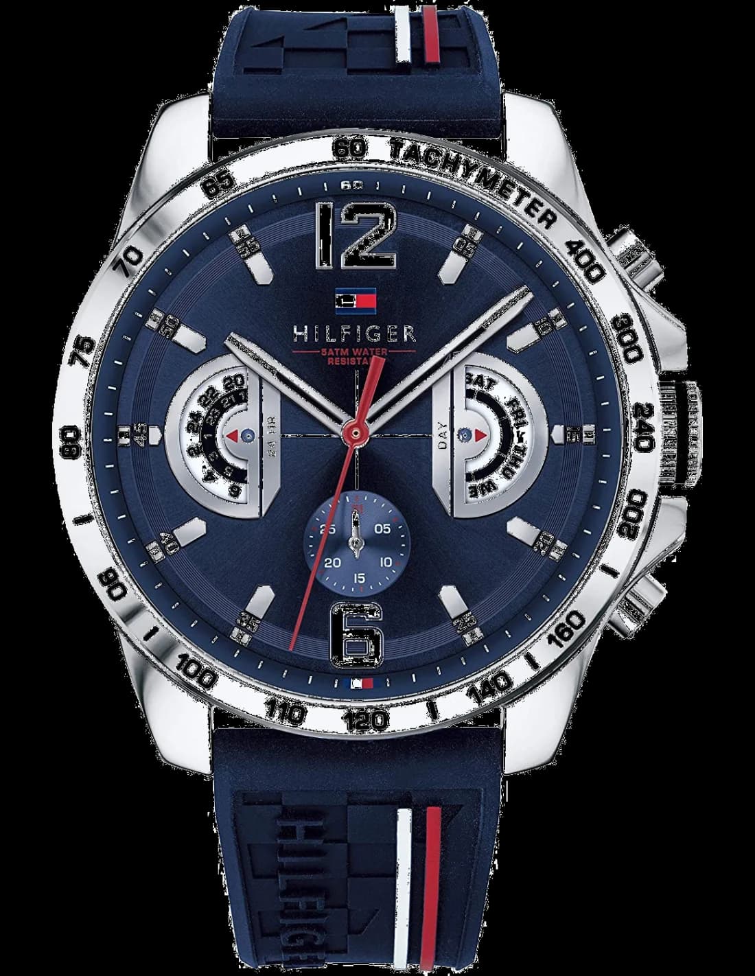 Montre Tommy Hilfiger 1791476 avec cadran bleu soleil, index bâtons et aiguilles argentées, style sport-chic