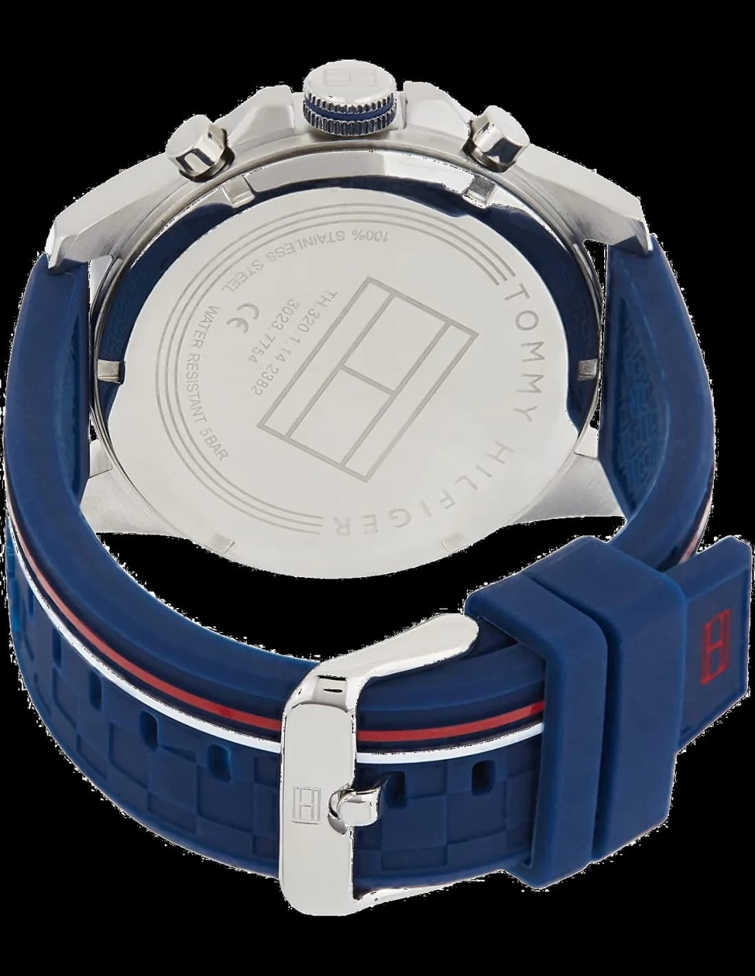 Bracelet Tommy Hilfiger 1791476 en silicone bleu texturé, boucle ardillon gravée logo Tommy Hilfiger