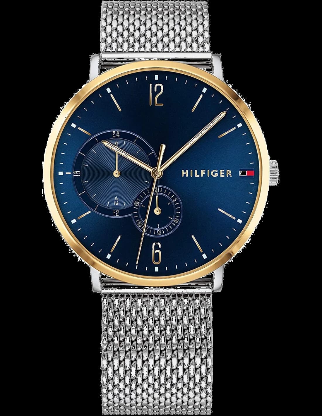 Montre Tommy Hilfiger 1791505 en acier inoxydable doré, cadran bleu soleil avec index dorés et aiguilles bâton
