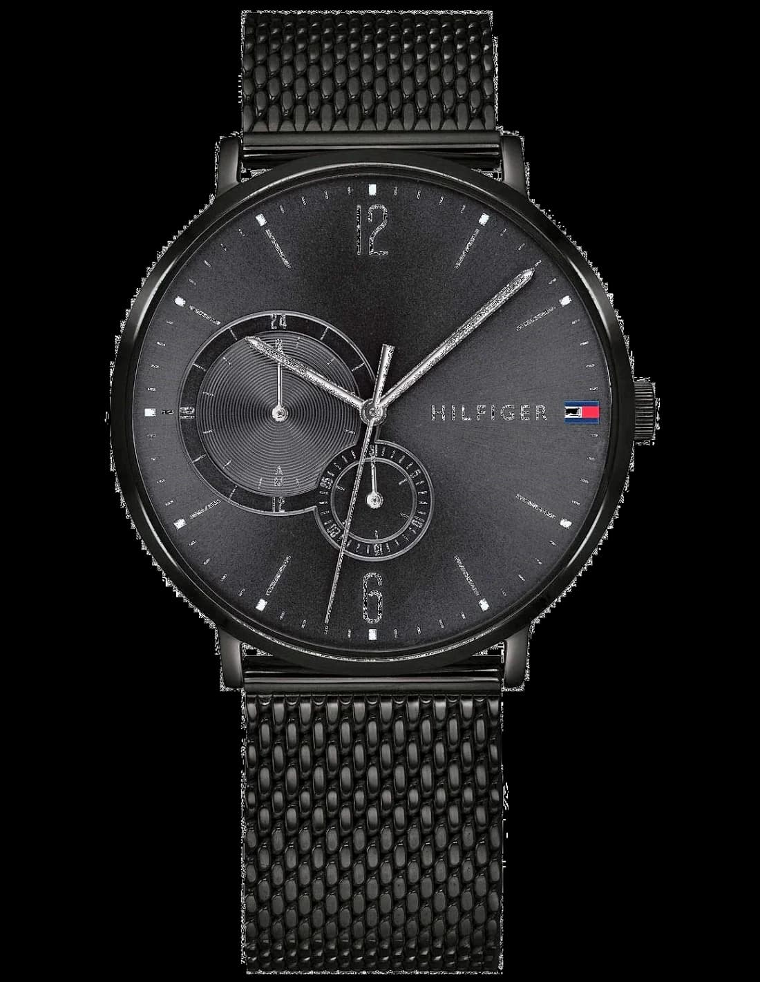 Montre Tommy Hilfiger 1791507 au cadran noir et aiguilles dorées sur bracelet maille milanaise noire