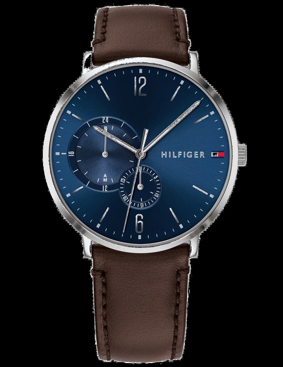 Montre Tommy Hilfiger 1791508 au cadran bleu soleil, index argentés et aiguilles bâton, style classique chic