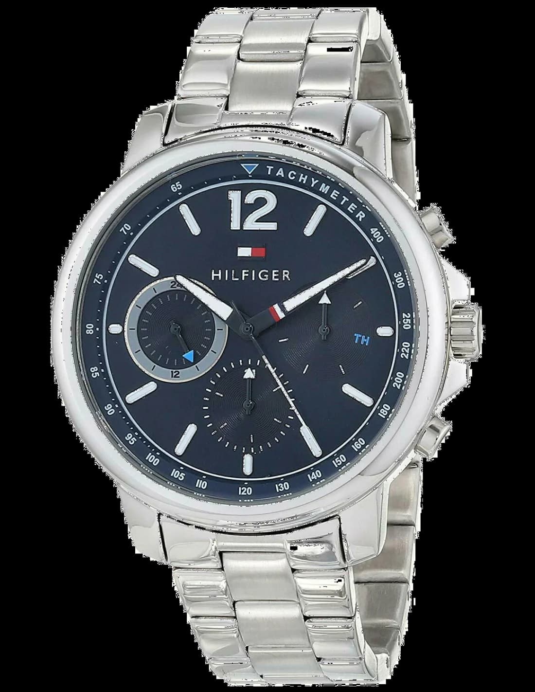 Montre Tommy Hilfiger 1791534 au cadran bleu soleil avec index bâtons et aiguilles argentées, style classique chic