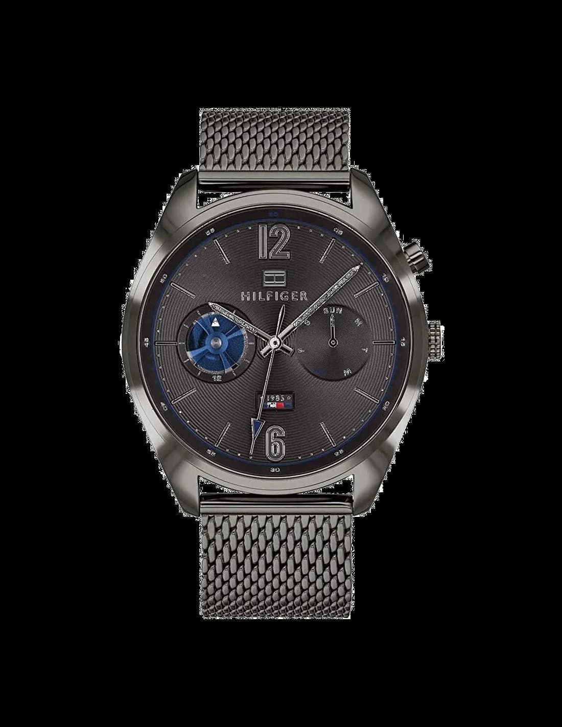 Montre Tommy Hilfiger 1791546 avec cadran bleu soleil et bracelet cuir brun, style classique chic