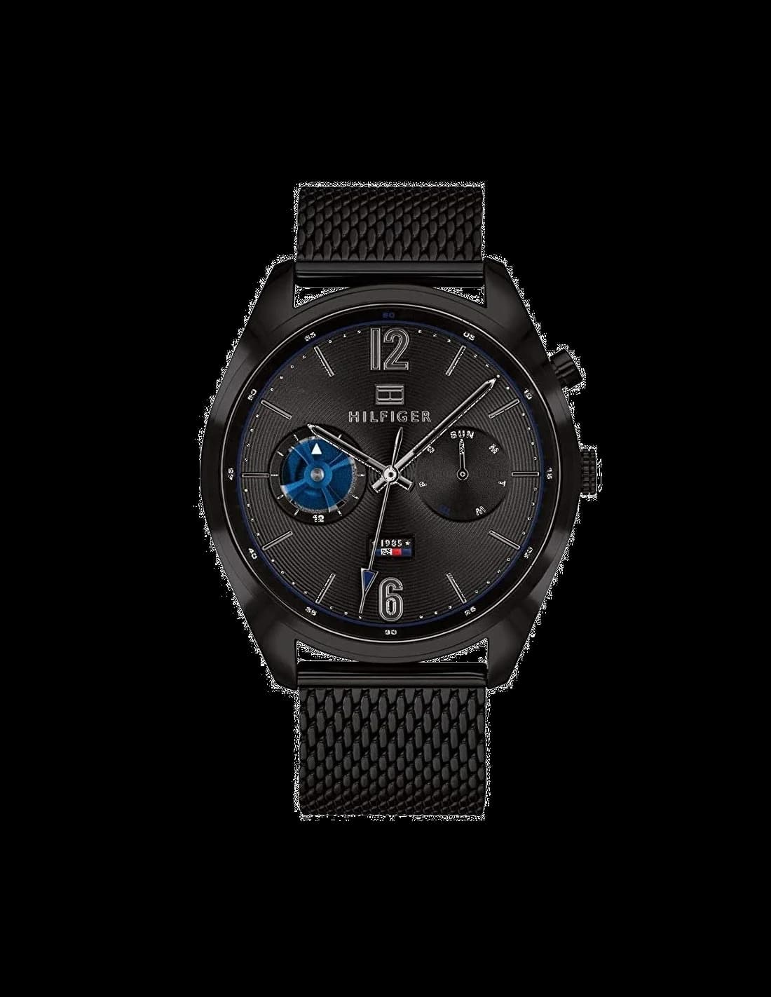 Montre Tommy Hilfiger 1791547 au cadran noir soleillé, aiguilles argentées et index bâton, style moderne et élégant