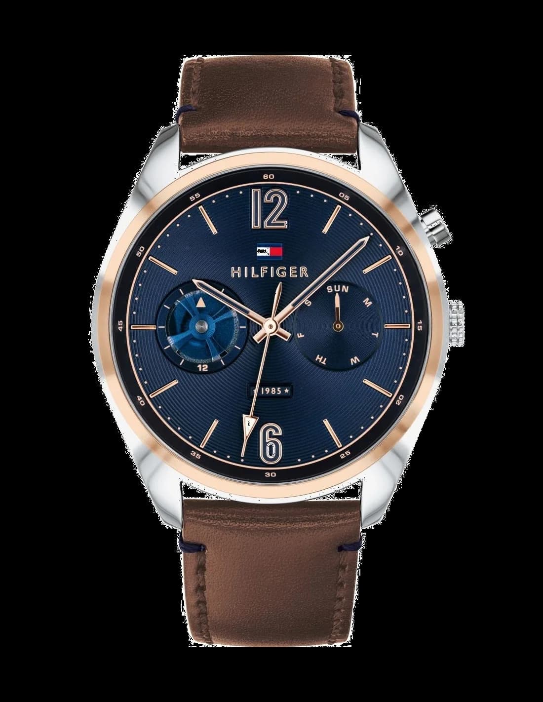 Montre Tommy Hilfiger 1791549 avec cadran bleu soleil, aiguilles argentées et index bâtons, style classique chic