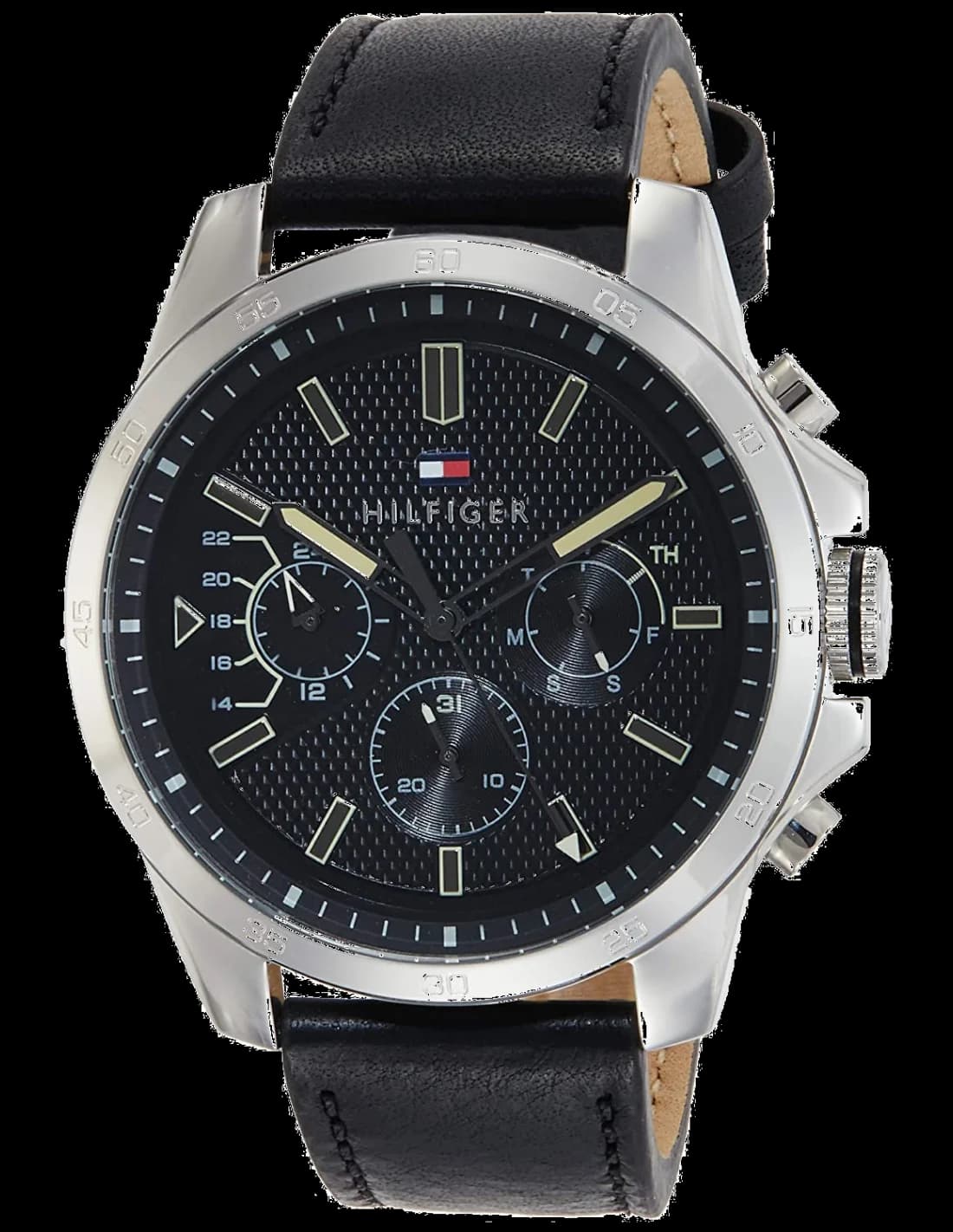 Montre Tommy Hilfiger 1791563 avec cadran bleu soleil et bracelet cuir noir, style classique chic