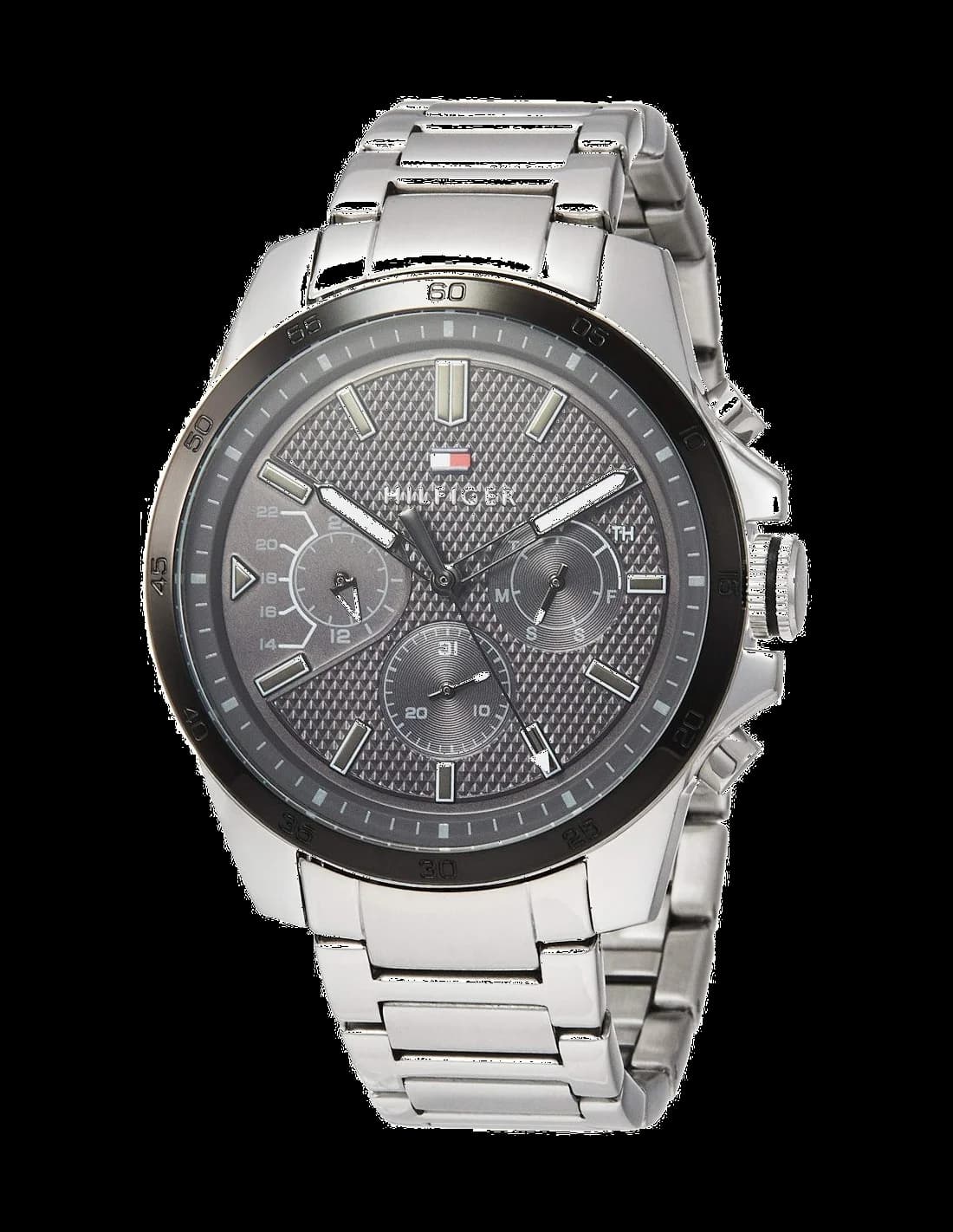 Montre Tommy Hilfiger 1791564 avec cadran bleu soleil, aiguilles argentées et index bâtons, style sport chic
