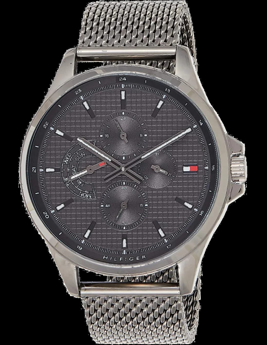 Montre Tommy Hilfiger 1791613 avec cadran bleu soleil, aiguilles dorées et index bâtons, style élégant et moderne