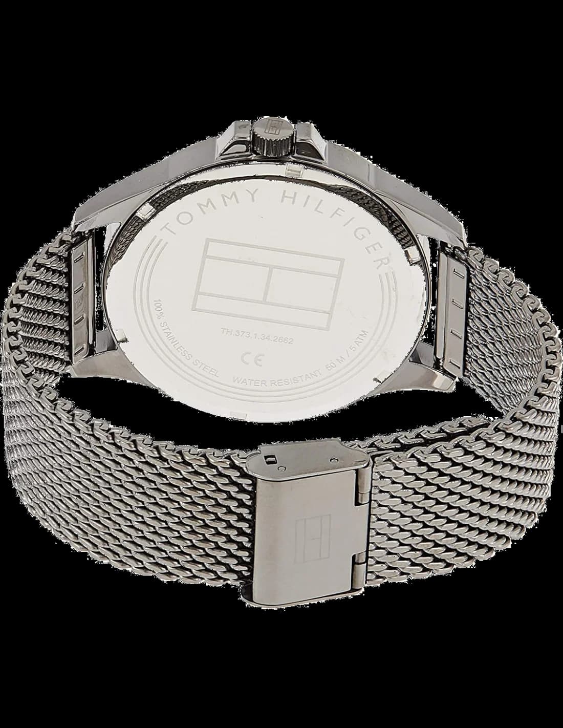 Cadran Tommy Hilfiger 1791613 avec cadran bleu soleil, index appliques et aiguilles dorées, date à 3h, look classique