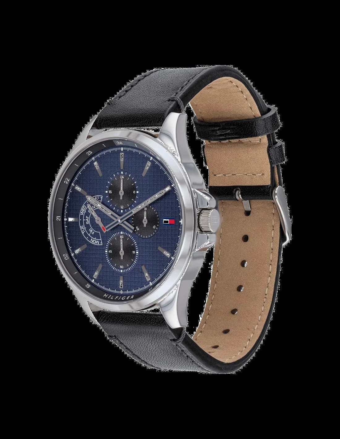 Cadran Tommy Hilfiger 1791616 avec index bâtons argentés, aiguilles dauphine, guichet date à 3h
