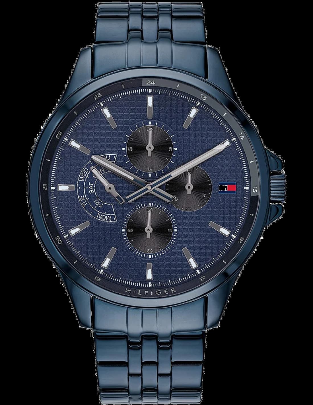 Montre Tommy Hilfiger 1791618 avec cadran bleu soleil, index appliqués et bracelet en cuir brun vintage