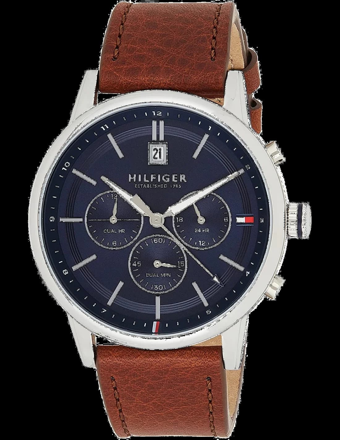Montre Tommy Hilfiger 1791629 au cadran bleu soleil, acier poli et bracelet cuir marron, style classique chic