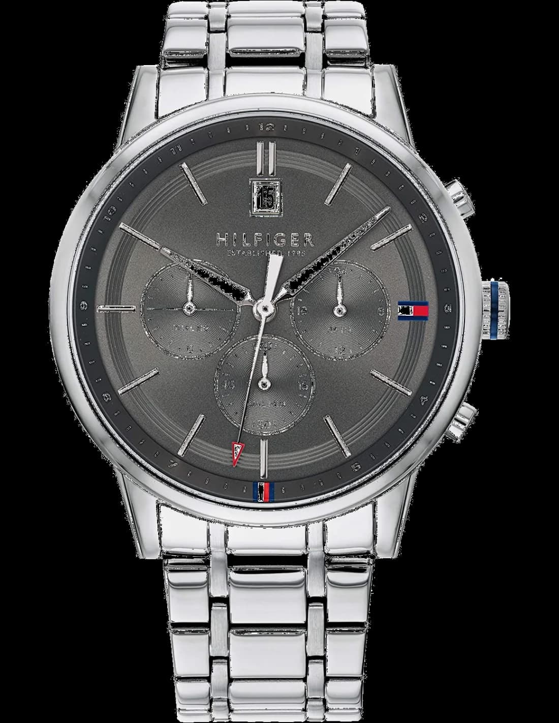 Montre Tommy Hilfiger 1791632 avec cadran bleu, index bâtons et aiguilles argentées, style sport chic