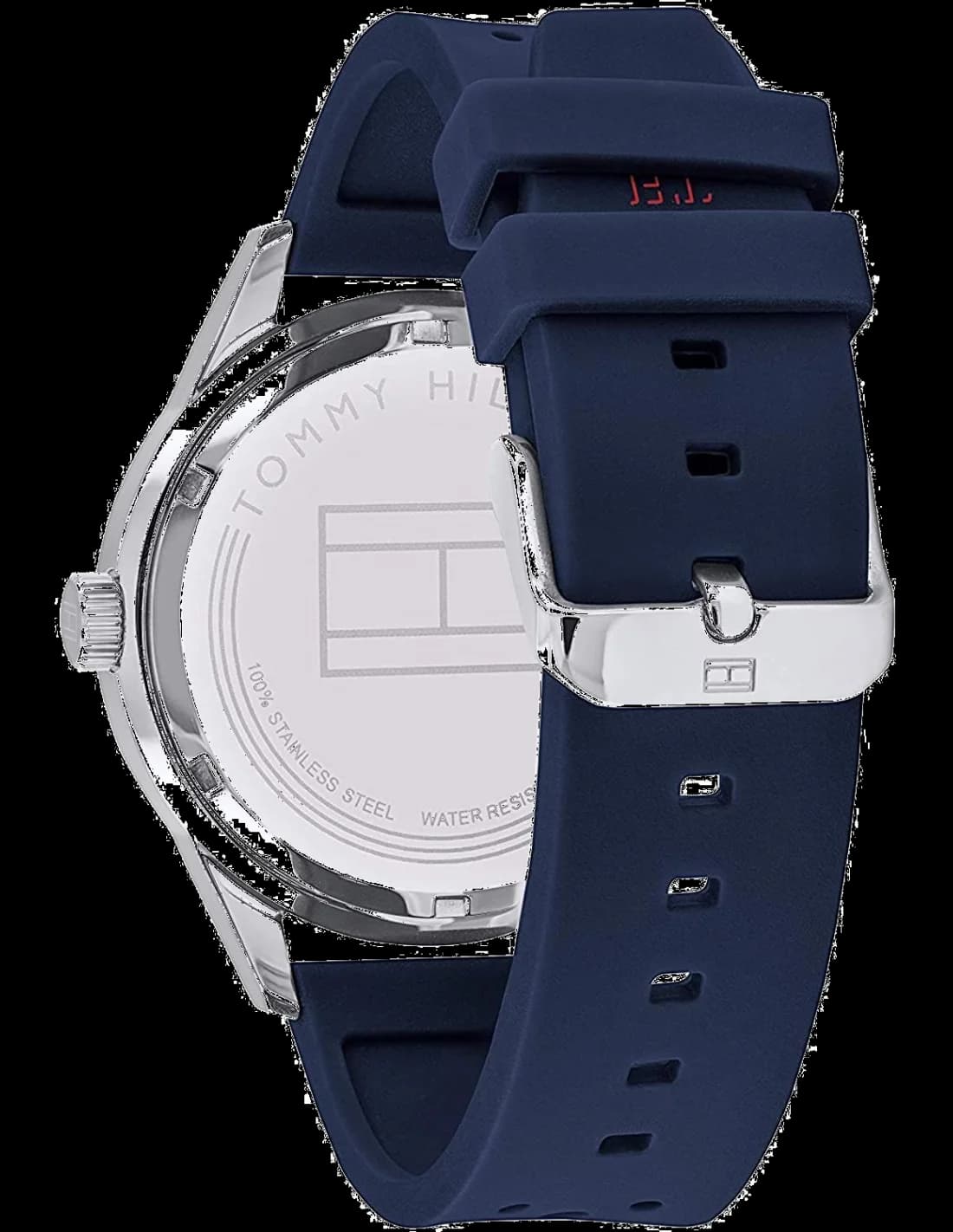 Cadran Tommy Hilfiger 1791635 avec cadran bleu soleillé, index bâtons et aiguilles argentées, date à 3h