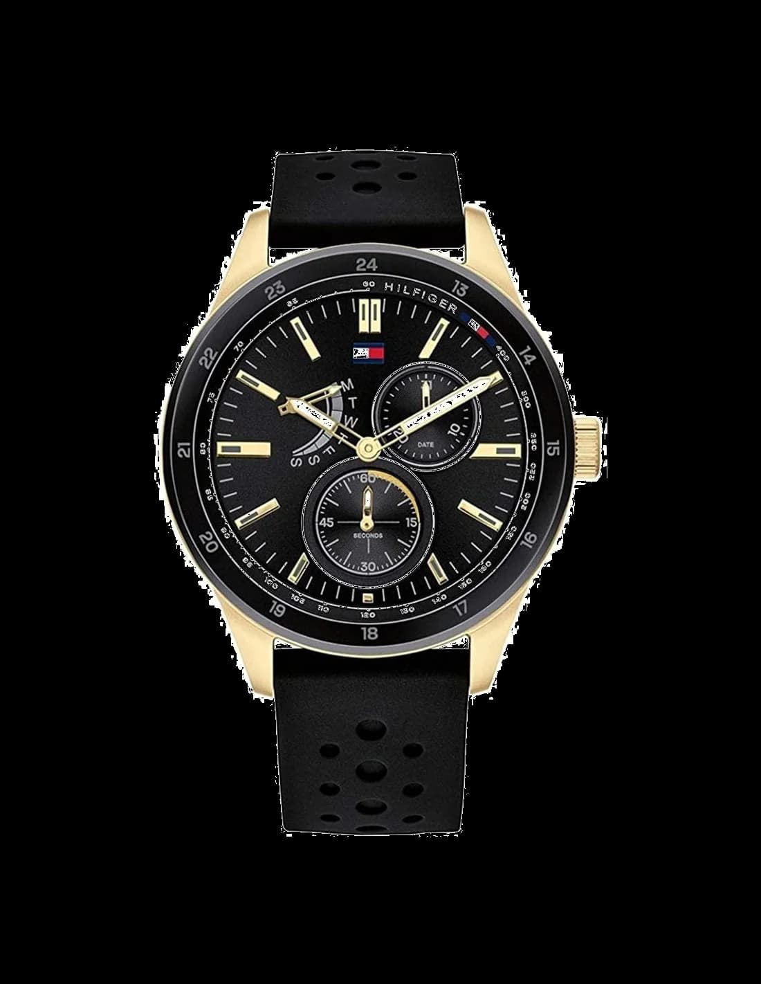 Montre Tommy Hilfiger 1791636 avec cadran bleu soleil, index bâtons et aiguilles luminescentes, style sport chic