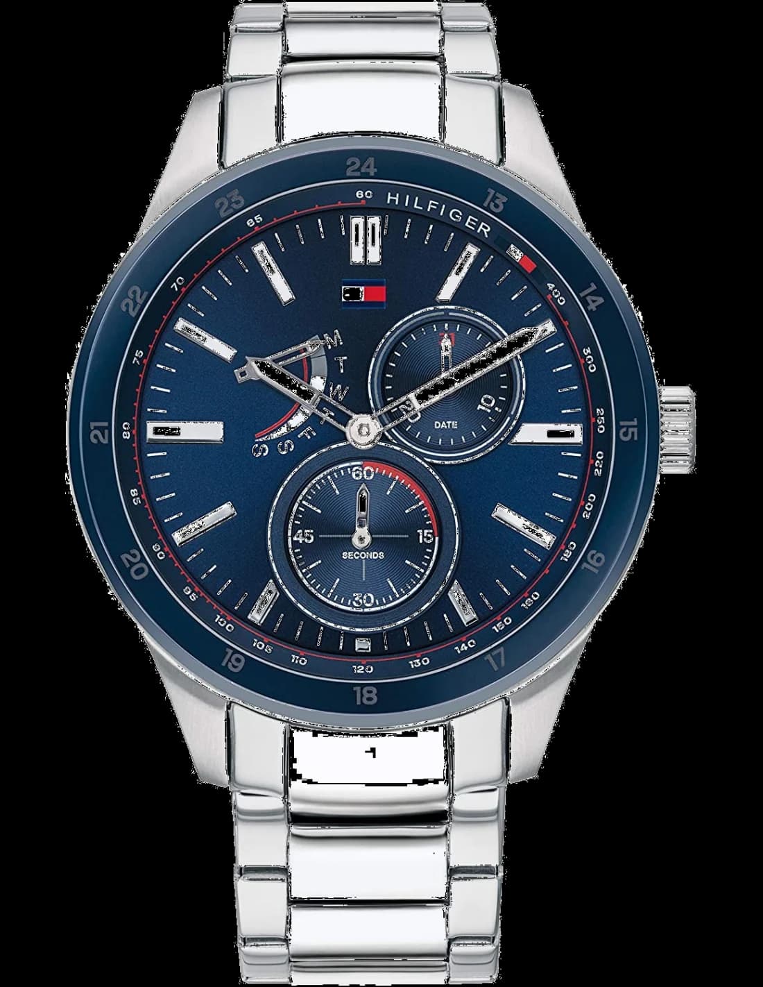 Montre Tommy Hilfiger 1791640 au cadran bleu soleil avec index bâtons et logo appliqué, style classique moderne