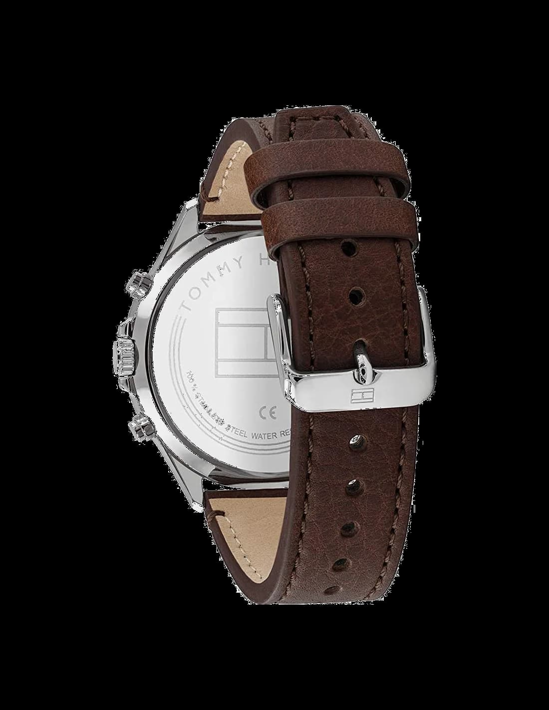 Bracelet Tommy Hilfiger 1791712 en cuir marron avec coutures contrastées, boucle ardillon dorée, matière lisse et souple
