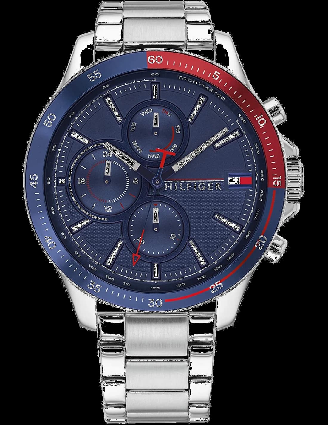 Montre Tommy Hilfiger 1791718 au cadran bleu soleil avec compteurs rouges et index bâtons argentés, style sport-chic