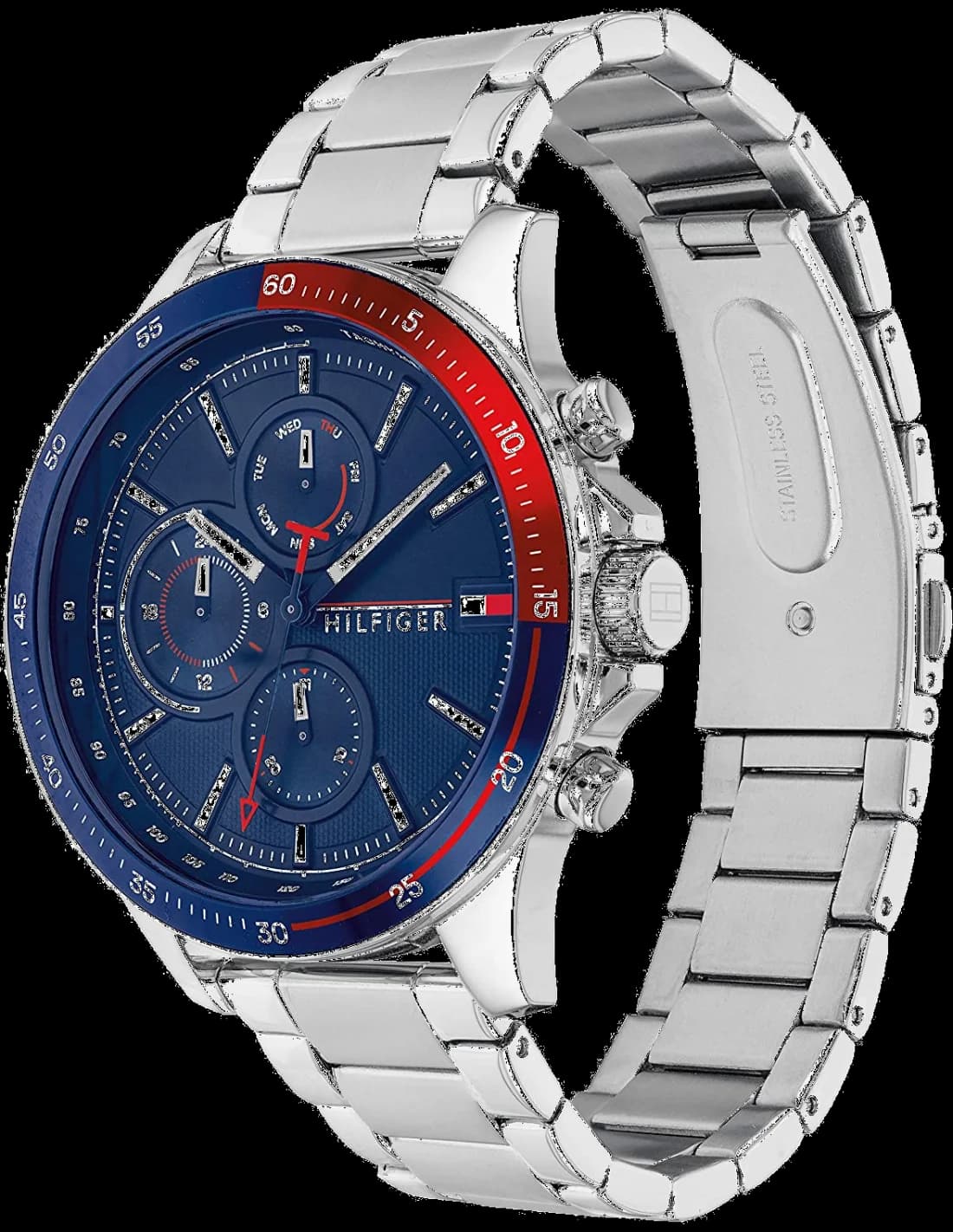 Cadran Tommy Hilfiger 1791718 bleu soleil avec trois sous-cadrans chronographe, date à 4h30 et aiguilles luminescentes