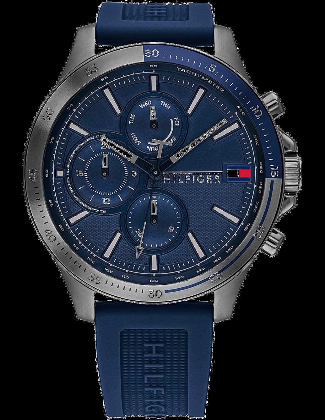 Montre Tommy Hilfiger 1791721 avec cadran bleu soleil et acier doré, style moderne et élégant