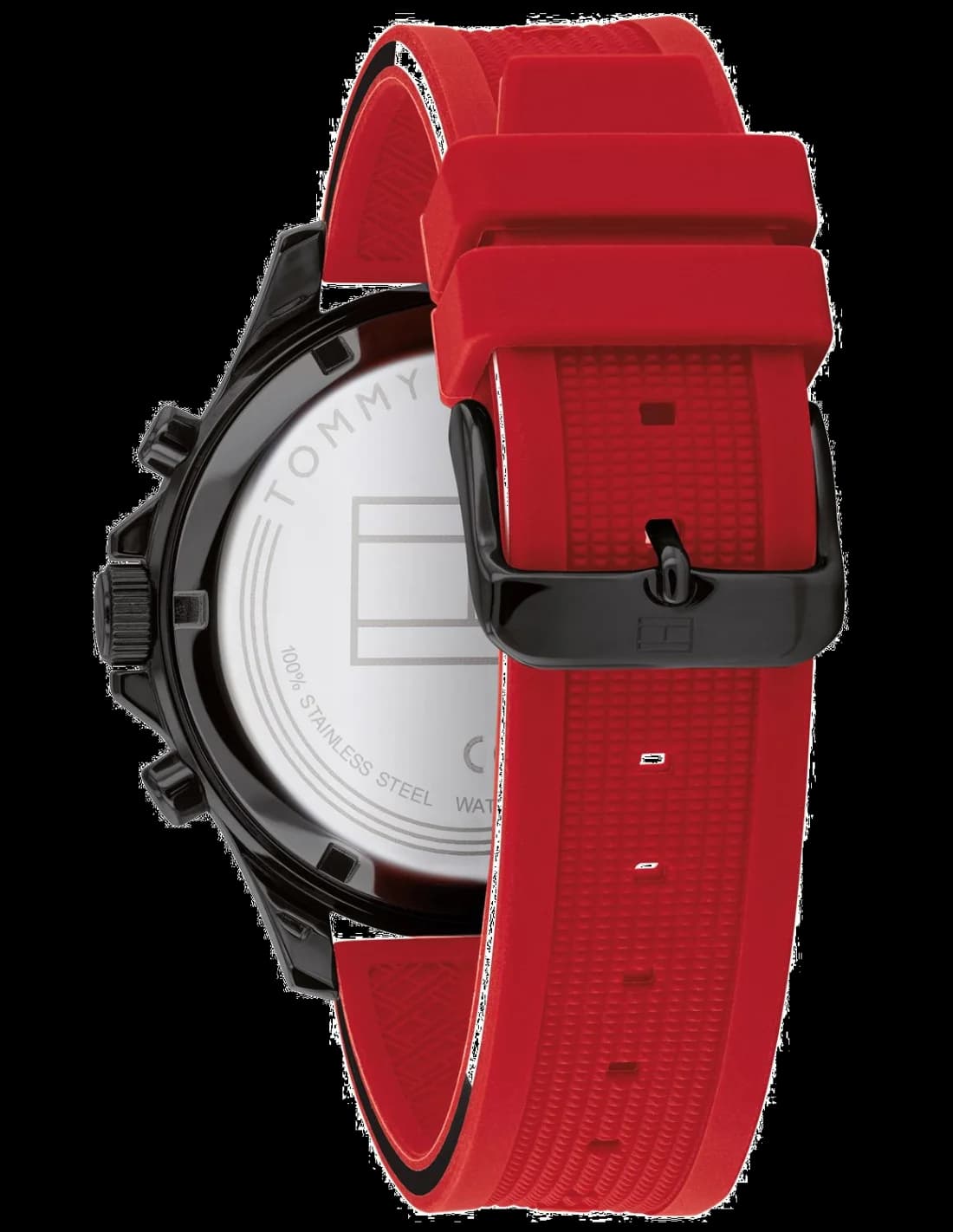 Bracelet Tommy Hilfiger 1791722 en silicone rouge avec boucle ardillon en acier, contraste vibrant avec le cadran blanc