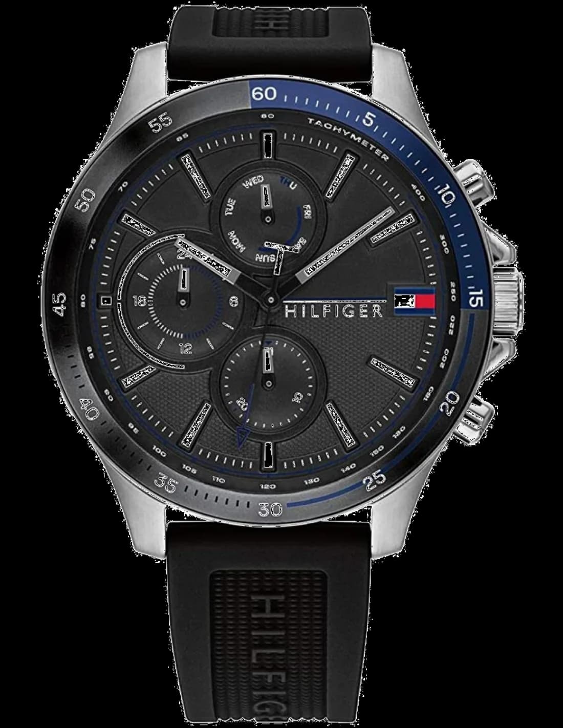 Montre Tommy Hilfiger 1791724 au cadran noir soleillé, index appliqués et aiguilles argentées, chronographe sport chic