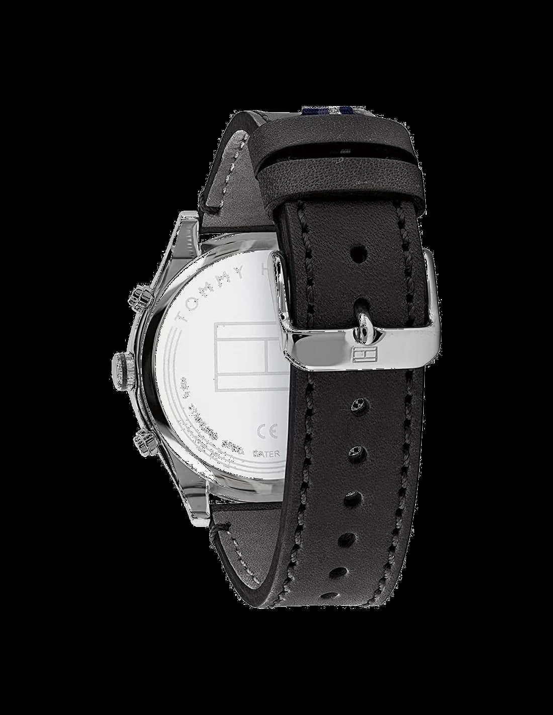 Cadran Tommy Hilfiger 1791740 au cadran bleu avec index bâtons et aiguilles argentées, date à 3h