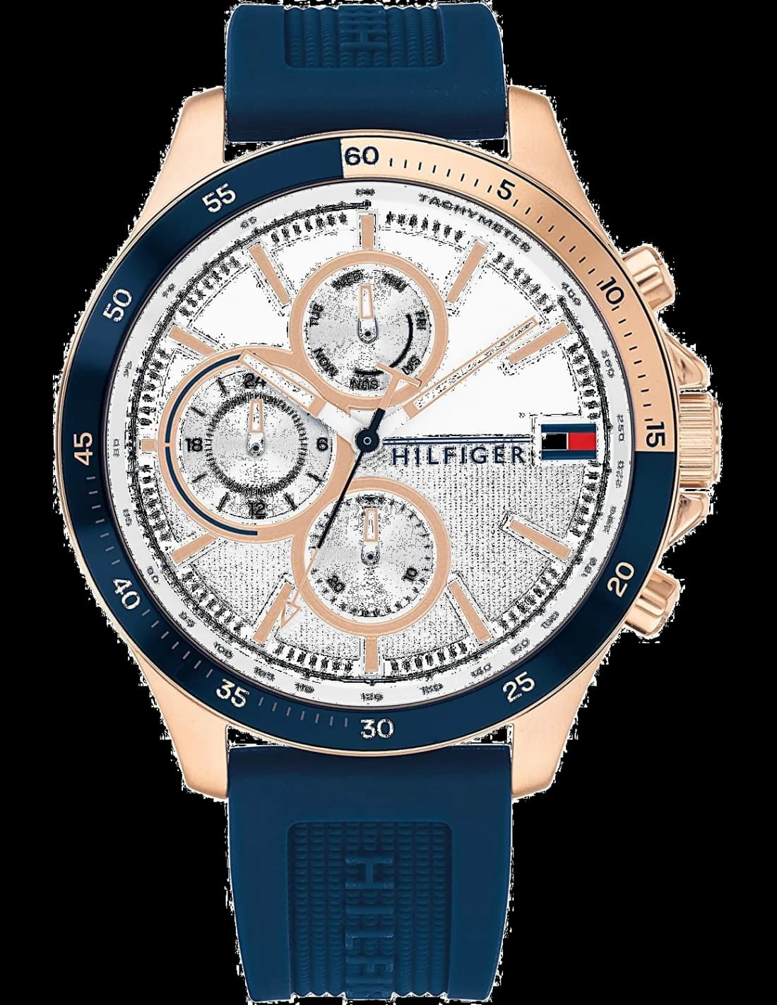 Montre Tommy Hilfiger 1791778 avec cadran bleu soleil et index argentés sur fond bleu profond