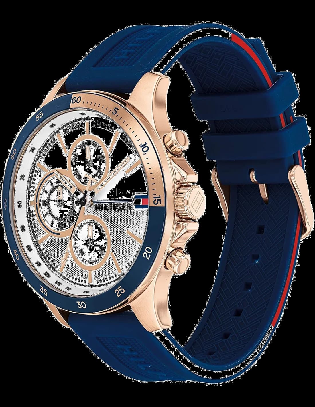 Cadran Tommy Hilfiger 1791778 au cadran bleu soleil, index bâtons et aiguilles argentées, date à 3h