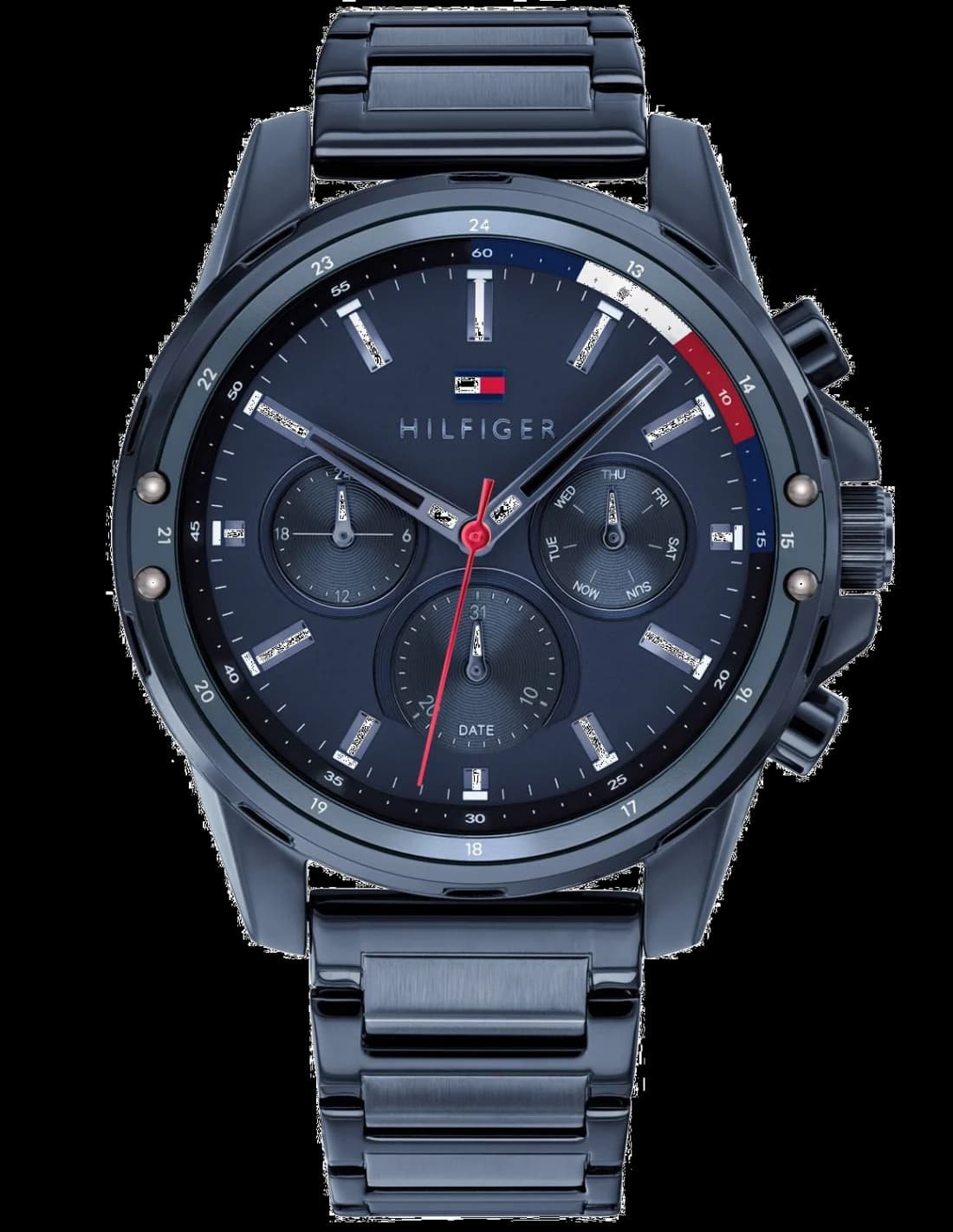Montre Tommy Hilfiger 1791789 avec cadran bleu soleil, index appliqués et aiguilles luminescentes, style sport chic