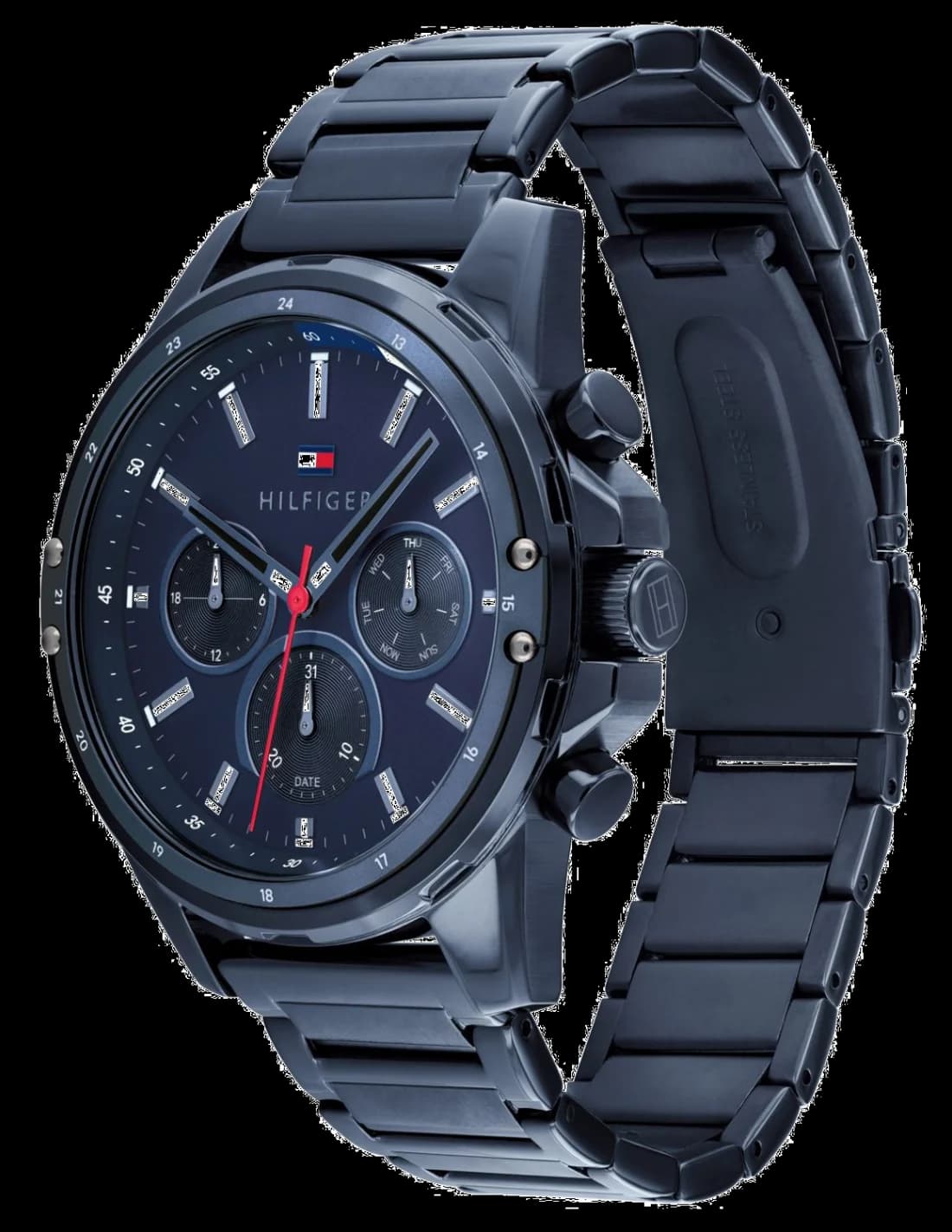 Cadran Tommy Hilfiger 1791789 affichant compteurs chronographe, date à 4h30 et aiguille trotteuse centrale rouge