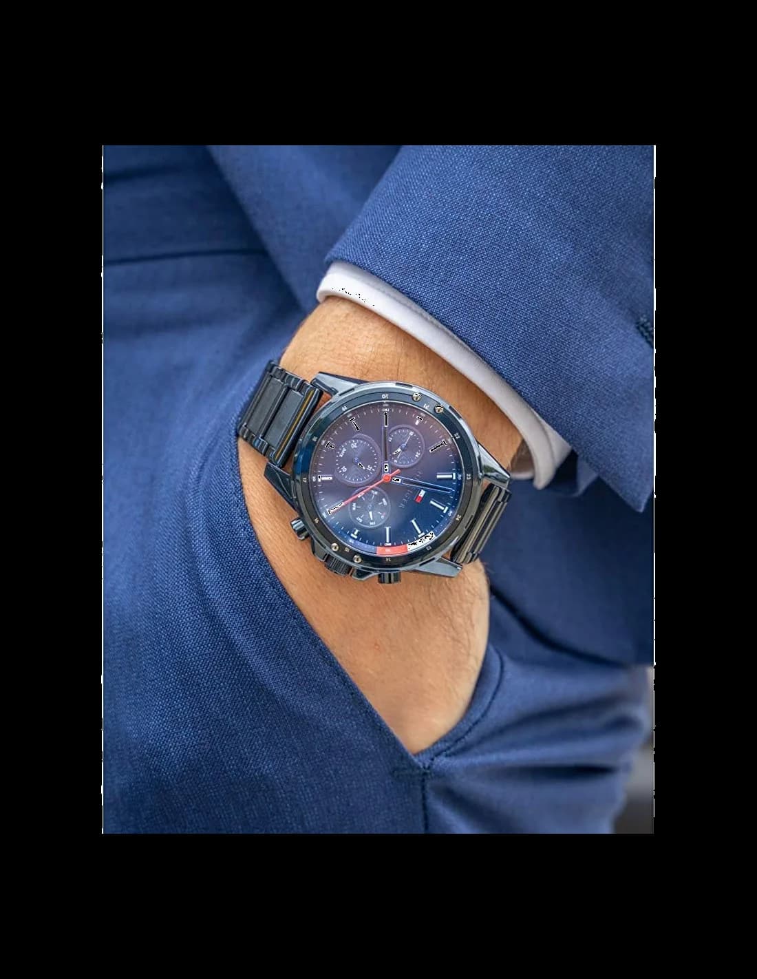 Boîtier Tommy Hilfiger 1791789 en acier inoxydable brossé de 44 mm, lunette fixe, couronne crantée et poussoirs