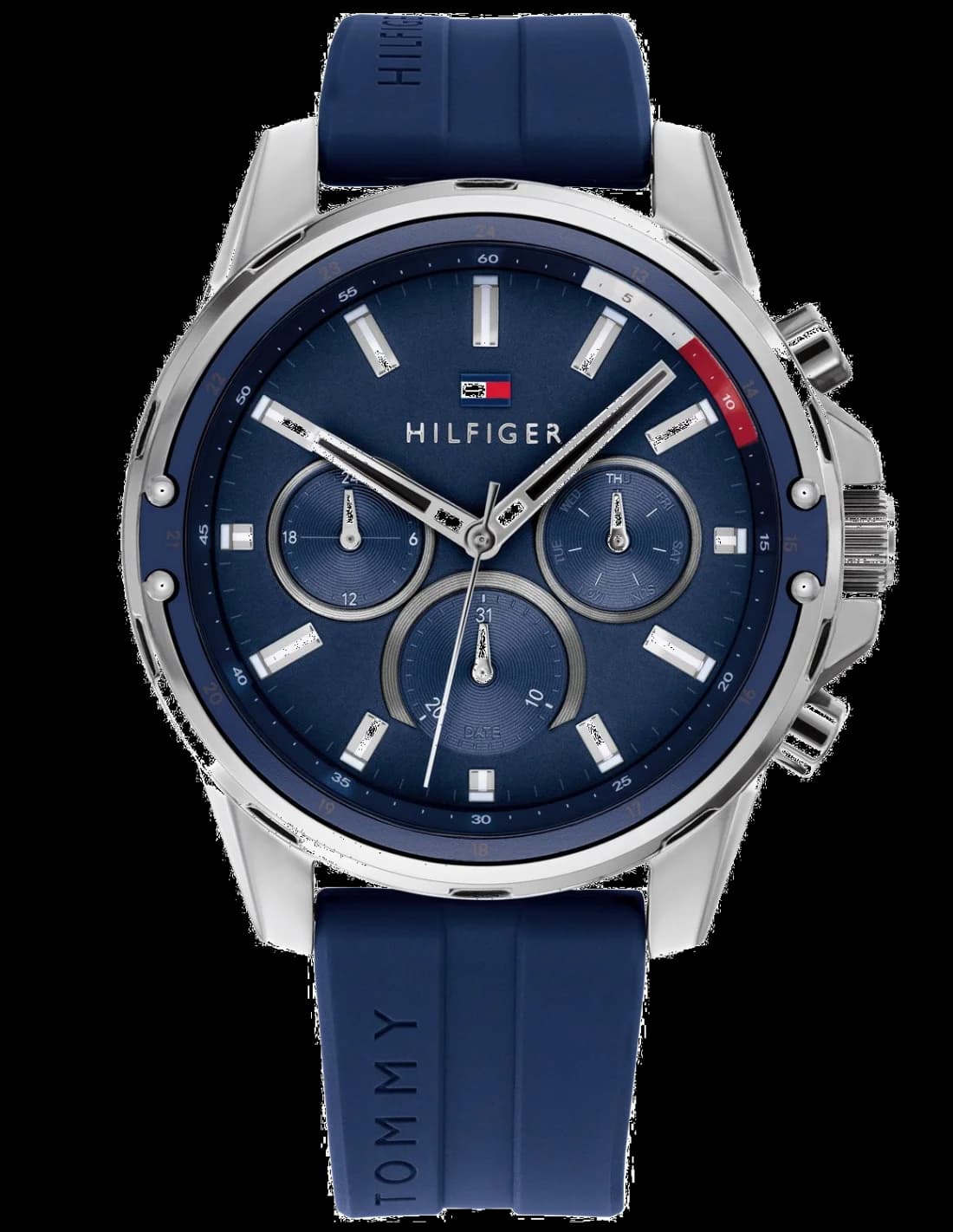 Montre Tommy Hilfiger 1791791 au cadran bleu soleil, aiguilles argentées et index appliqués, boîtier acier 45 mm