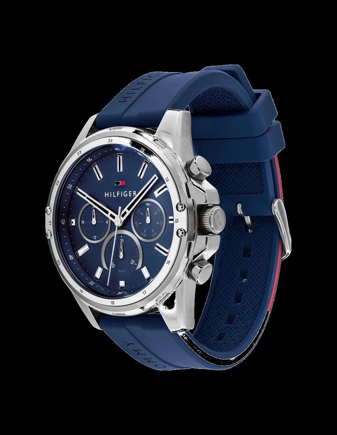 Cadran Tommy Hilfiger 1791791 avec cadran bleu soleil, trois aiguilles, date à 3h et logo Tommy Hilfiger