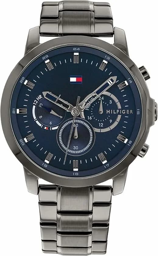 Montre Tommy Hilfiger 1791796 au cadran gris texturé et acier brossé, style moderne et épuré pour homme