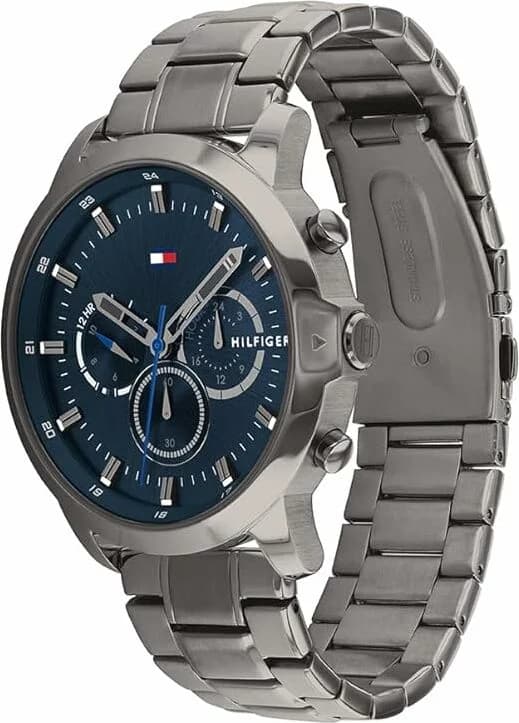Cadran Tommy Hilfiger 1791796 gris soleillé avec index bâtons et aiguilles luminescentes, date à 3h, design classique
