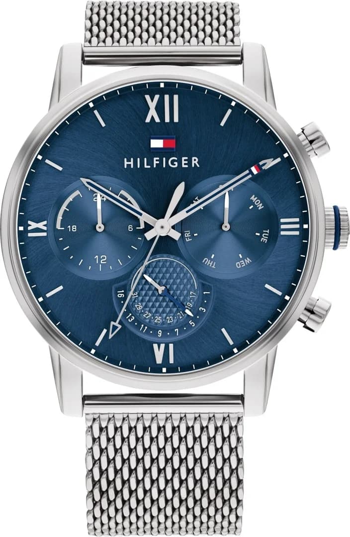 Montre Tommy Hilfiger 1791881 au cadran bleu soleil, acier et maille milanaise argentée