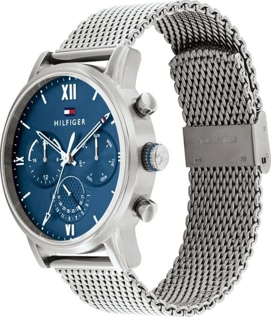 Cadran Tommy Hilfiger 1791881 avec index bâtons et aiguilles argentées sur fond bleu soleil
