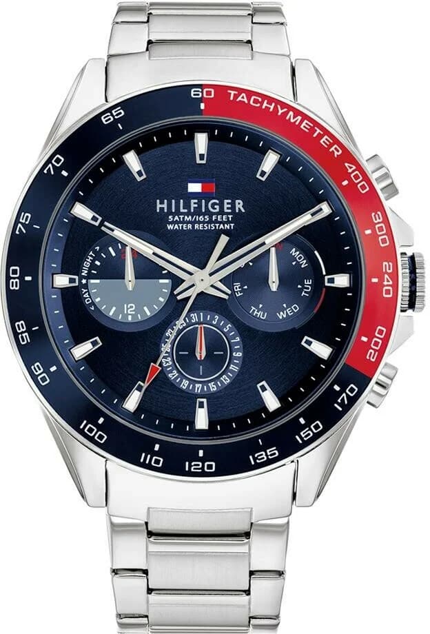 Montre Tommy Hilfiger 1791968 en acier argenté avec cadran bleu multifonctions et style classique moderne