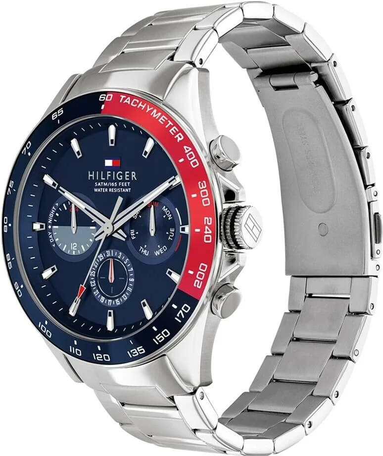 Cadran Tommy Hilfiger 1791968 bleu avec index bâtons, aiguilles argentées et compteurs multifonctions