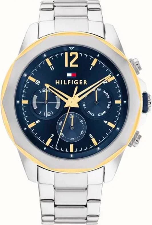 Montre Tommy Hilfiger 1792059 avec cadran bleu soleil, aiguilles dorées et index bâtons, style classique chic