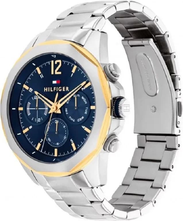 Cadran Tommy Hilfiger 1792059 au cadran bleu soleil, index appliques argent et doré, date à 3h, aiguilles dauphine