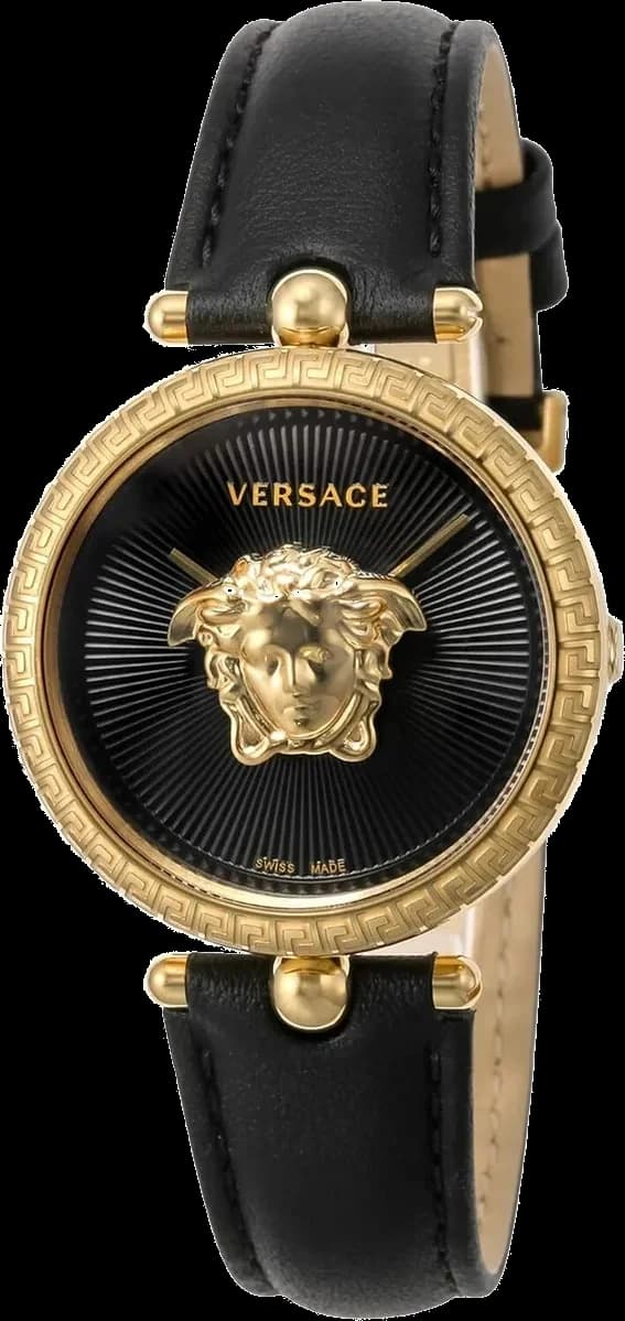 Montre Versace VECQ00118 avec cadran noir orné du motif Greca et aiguilles dorées, style élégant et luxueux