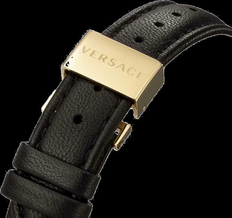 Bracelet Versace VECQ00118 en cuir noir cousu main, boucle ardillon dorée, texture grainée raffinée