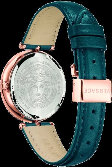 Cadran Versace VECQ00318 motif grec sculpté, aiguilles dauphine dorées, date à 3h, finition soignée