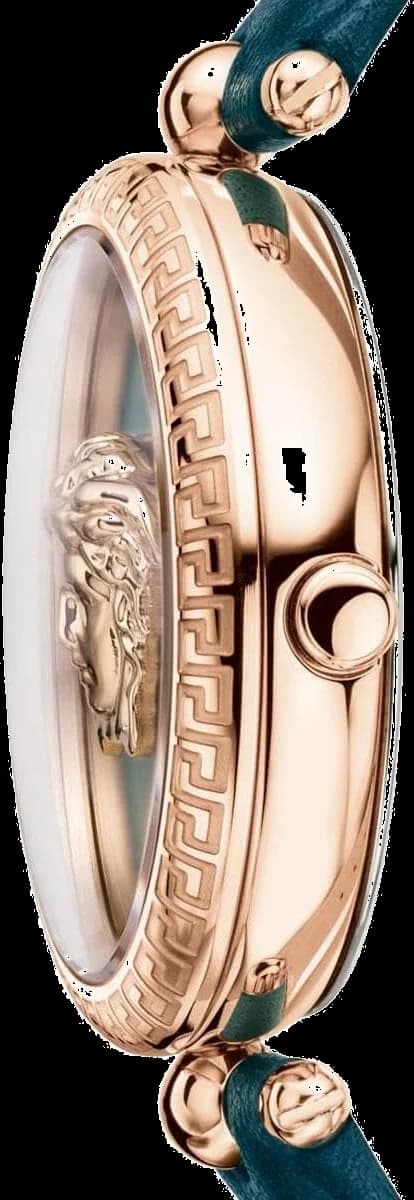 Bracelet Versace VECQ00318 en cuir vert véritable avec coutures contrastantes, boucle ardillon dorée, souple et luxueux