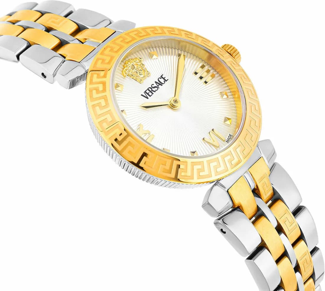 Cadran Versace VEOCA0324 blanc avec index dorés et aiguilles bicolores, date à 3h, logo Versace central